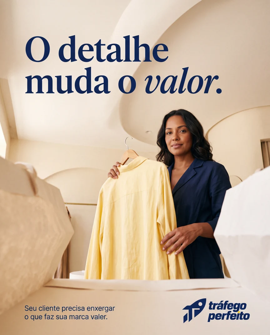 Empresária apresenta uma camisa amarela em uma loja de moda, com a mensagem: O detalhe muda o valor.