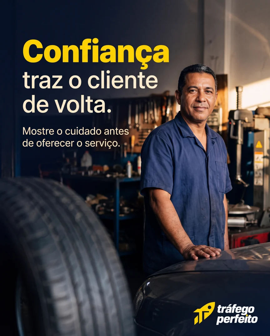 Profissional em sua oficina, com a mensagem: Confiança traz o cliente de volta.