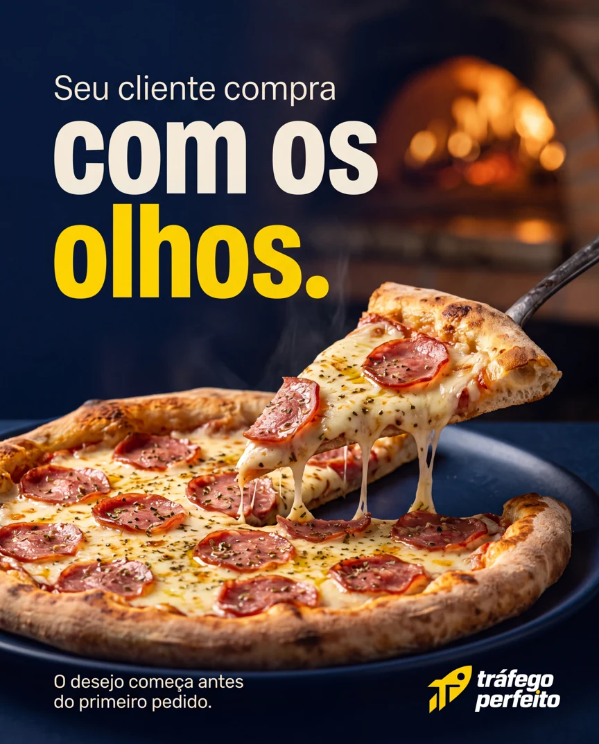 Pizza recém-assada com uma fatia levantada e a mensagem: Seu cliente compra com os olhos.